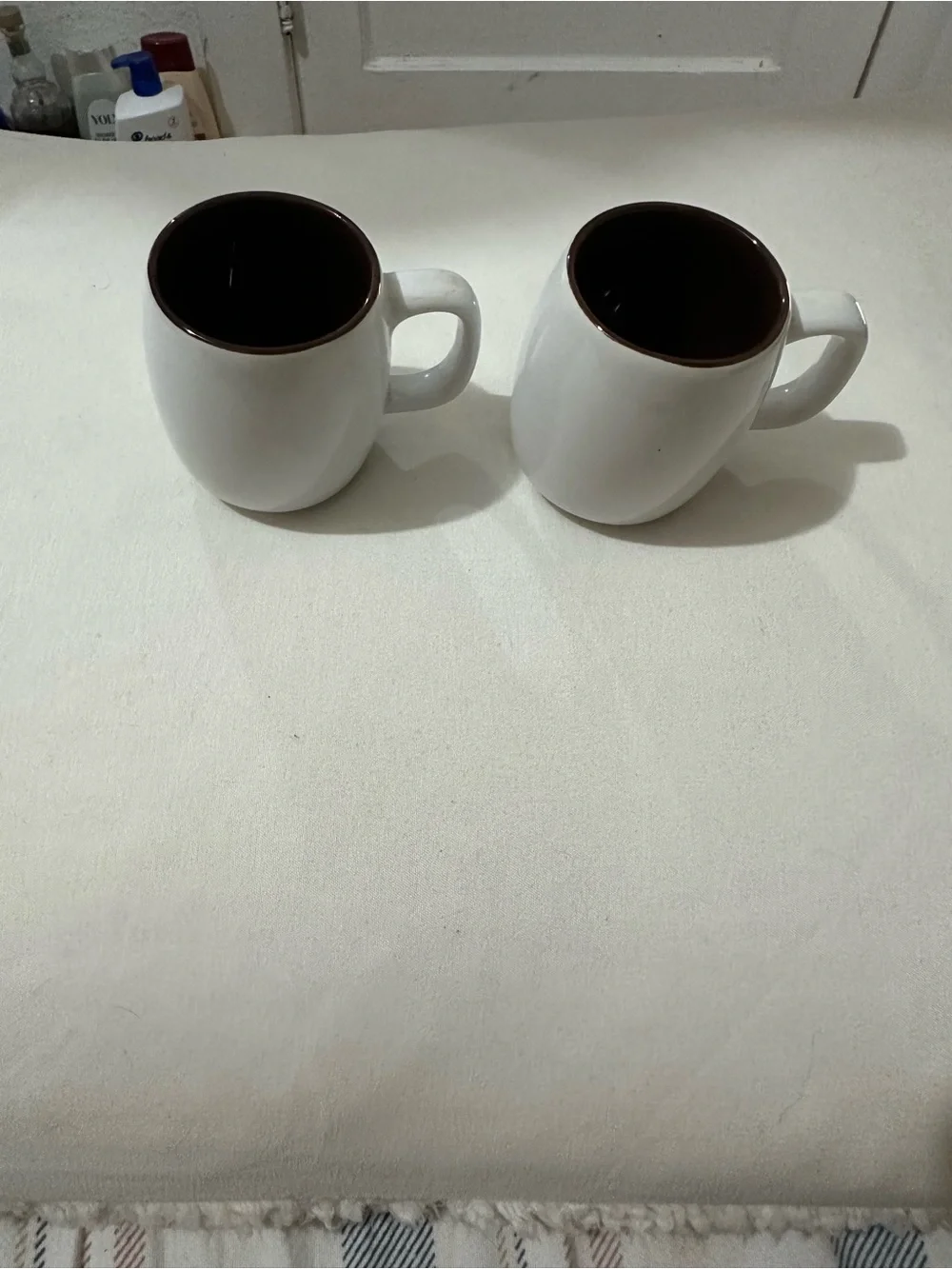 Set 2 Crate & Barrel White Brown Mini Mugs Americano Coffee Cups
